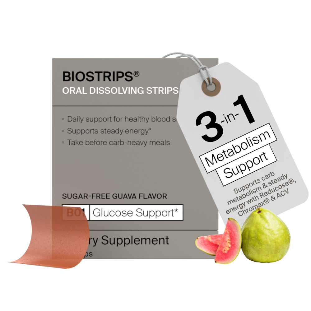 A sugar-free dissolving strip formulated with clinically studied ingredients to support healthy blood sugar levels and post-meal glucose response.

You may not be eating more. You may not be moving less. But the way your body responds to food can shift over time. BIOSTRIPS®️ is designed for that shift. Take it with a meal with carbs.