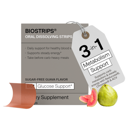 A sugar-free dissolving strip formulated with clinically studied ingredients to support healthy blood sugar levels and post-meal glucose response.

You may not be eating more. You may not be moving less. But the way your body responds to food can shift over time. BIOSTRIPS®️ is designed for that shift. Take it with a meal with carbs.