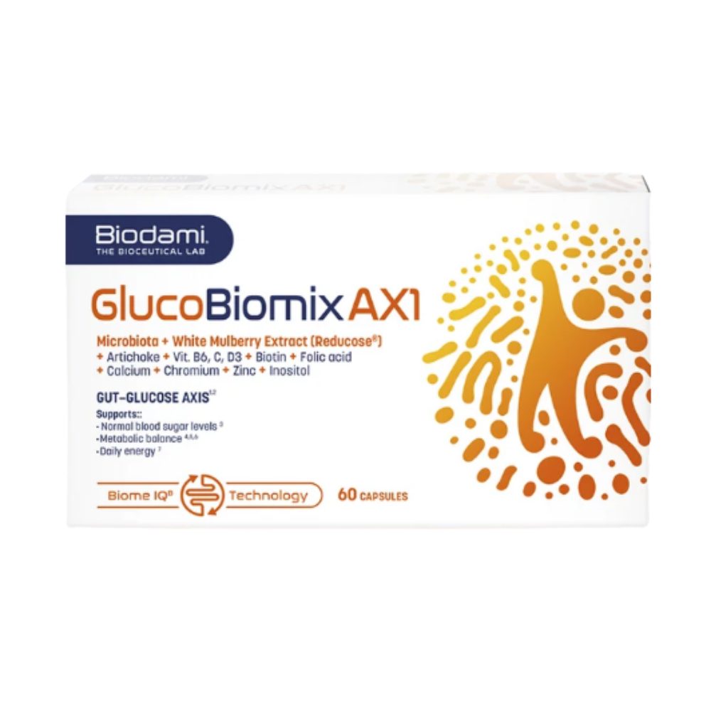 Cravings, post-meal fatigue, stubborn weight - these signals often share one common origin : blood glucose fluctuations. GlucoBiomix AX1 acts at the source, in the gut. 

Supports a more gradual glucose response after meals · Reducose® 250 mg
Supports gut microbiome balance · 4 probiotic strains + inulin
Chromium contributes to the maintenance of normal blood glucose levels*