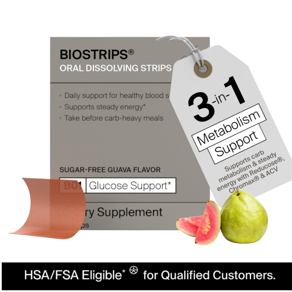 A sugar-free dissolving strip formulated with clinically studied ingredients to support healthy blood sugar levels and post-meal glucose response.

You may not be eating more. You may not be moving less. But the way your body responds to food can shift over time. BIOSTRIPS®️ is designed for that shift. Take it with a meal with carbs.