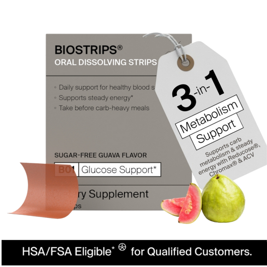 A sugar-free dissolving strip formulated with clinically studied ingredients to support healthy blood sugar levels and post-meal glucose response.

You may not be eating more. You may not be moving less. But the way your body responds to food can shift over time. BIOSTRIPS®️ is designed for that shift. Take it with a meal with carbs.