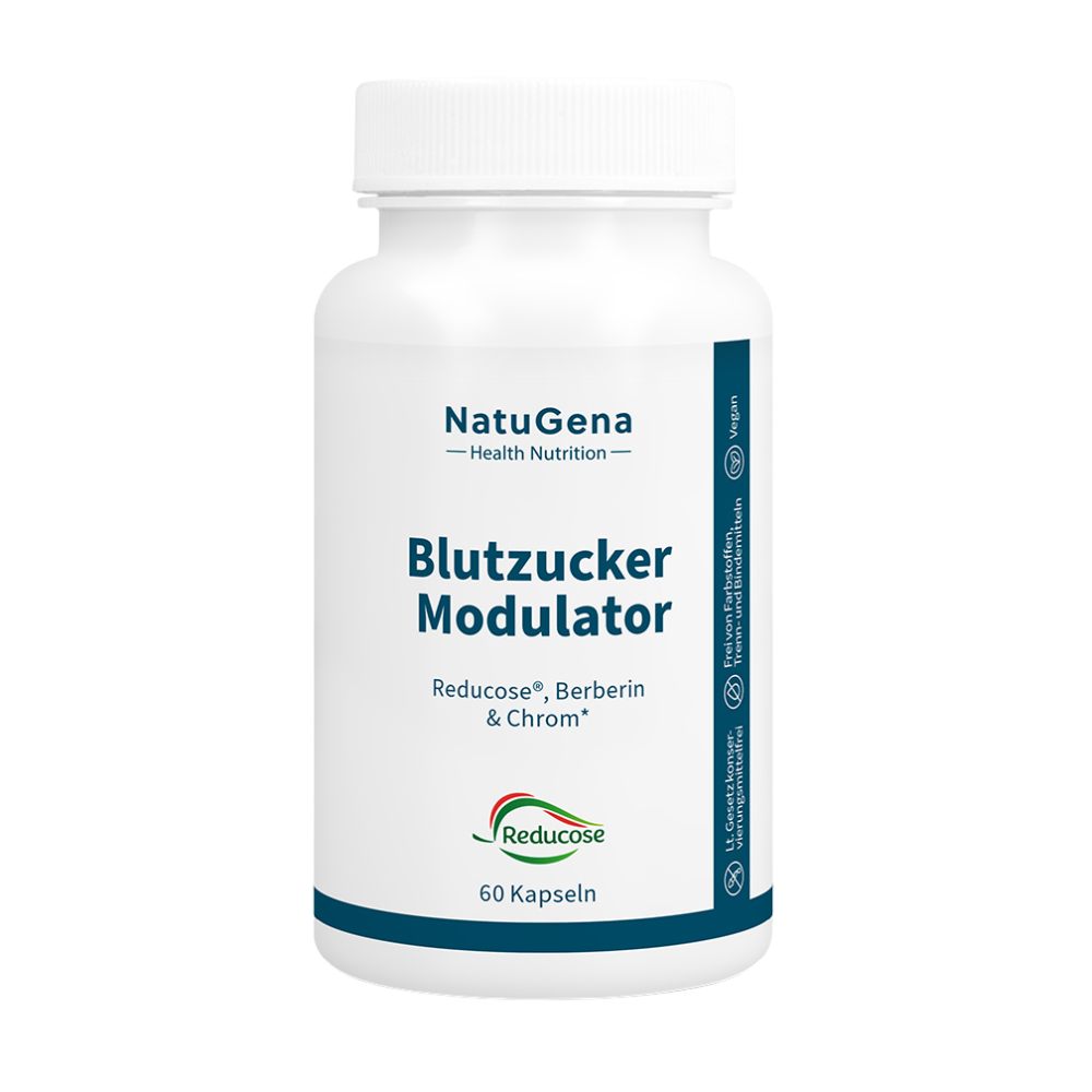 60 Kapseln HPMC Größe 00 (30-Tage-Packung)
Nahrungsergänzungsmittel
Mit weißer Maulbeerblatt-Extrakt (Reducose®)
Enthält 250 mg Berberin pro Tagesdosis
Chrom trägt zur Aufrechterhaltung eines normalen Blutzuckerspiegels bei
Zink unterstützt einen normalen Kohlenhydratstoffwechsel
Ergänzt durch Zimt-, Grüntee- und grünen Kaffeebohnen-Extrakt
Höchste Rohstoffqualität aus deutscher Herstellung
