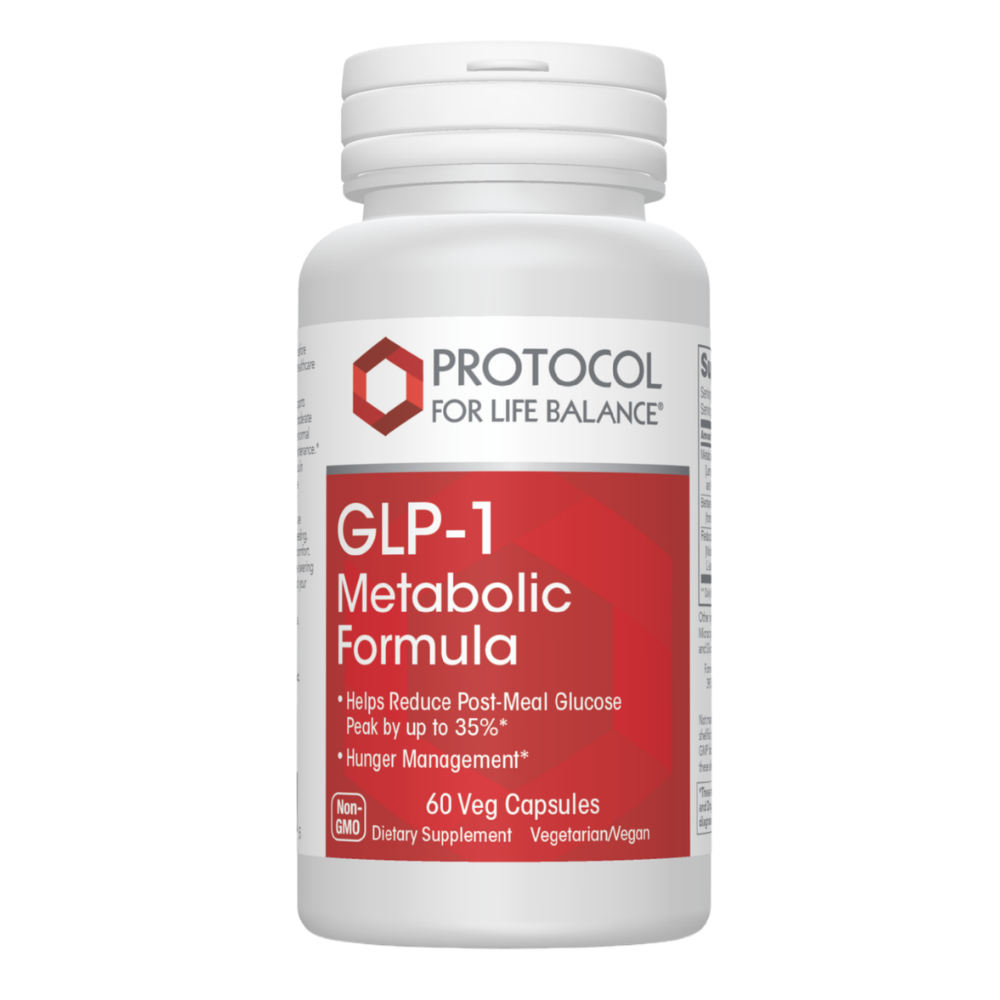 The GLP-1 Metabolic Formula by Protocol For Life Balance is a dietary supplement designed to support normal GLP-1 hormone levels, moderate appetite, and maintain healthy post-meal blood sugar and insulin responses within a normal range. 
• Metabolaid®: A patented botanical extract blend (typically combining lemon verbena and hibiscus) that helps promote natural GLP-1 secretion and satiety.
• Reducose®: A patented white mulberry leaf extract that helps slow carbohydrate breakdown. 