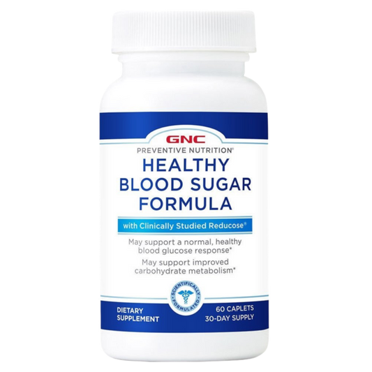 GNC - Healthy Blood Sugar Formula

POSITIONNING
Blood Sugar & Insulin

KEY CLAIMS
Reducose supports a healthy blood glucose and insulin response and carbohydrate metabolism
Chromium helps maintain glucose homeostasis and normal glucose utilization
Cinnamon bark and alpha-lipoic acid provide traditional blood sugar and antioxidant support

COMPOSITION per serving
Reducose® (white mulberry leaf extract) 250 mg, Chromium 100 µg, Cinnamon bark extract 150 mg, Alpha-lipoic acid 100 mg, Bitter Melon Powder 100 mg