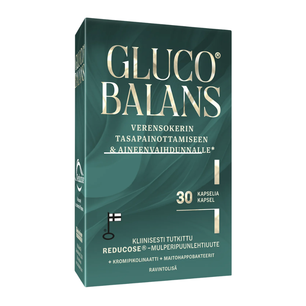 Tukea hiilihydraattien aineenvaihduntaan ja verensokerin tasapainottamiseen.
Glucobalans® on monipuolinen ravintolisä, joka on kehitetty tukemaan hiilihydraattien aineenvaihduntaa ja verensokerin hallintaa* osana terveellisiä elämäntapoja. Valmisteessa on kliinisesti tutkittua ja patentoitua Reducose®-mulperipuunlehtiuutetta, kromipikolinaattia sekä Bio-Support™-suojattuja maitohappobakteereita Lactobacillus rhamnosus- ja Bifidobacterium longum -suvuista.
