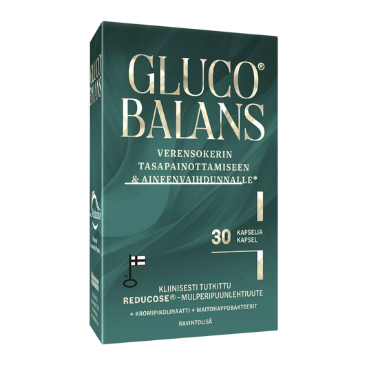 Tukea hiilihydraattien aineenvaihduntaan ja verensokerin tasapainottamiseen.
Glucobalans® on monipuolinen ravintolisä, joka on kehitetty tukemaan hiilihydraattien aineenvaihduntaa ja verensokerin hallintaa* osana terveellisiä elämäntapoja. Valmisteessa on kliinisesti tutkittua ja patentoitua Reducose®-mulperipuunlehtiuutetta, kromipikolinaattia sekä Bio-Support™-suojattuja maitohappobakteereita Lactobacillus rhamnosus- ja Bifidobacterium longum -suvuista.