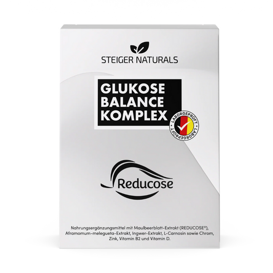 Kapselhülle: Hydroxypropylmethylcellulose (HPMC), NUTRIOSE® FM06 (resistente Maisdextrine), Maulbeerblattextrakt (REDUCOSE®; 5 % 1-Deoxynojirimycin), Trockenextrakt aus Samen von Aframomum melegueta, Trockenextrakt aus Ingwerrhizom (standardisiert auf 5 % Gingerole), L-Carnosin, Zinkbisglycinat, Vitamin D3 (Cholecalciferol), Vitamin B2 (Riboflavin), Chrompicolinat, mikrokristalline Cellulose (Füllstoff), Trennmittel: E551.