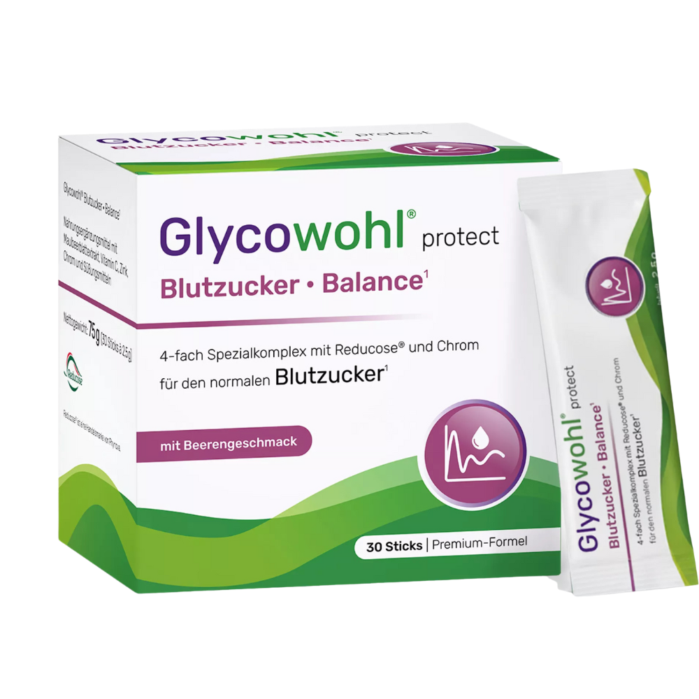 Glycowohl® protect Blutzucker • Balance ist ein veganes Nahrungsergänzungsmittel und enthält den patentierten Markenrohstoff Reducose®, Chrom, Vitamin C & Zink. Glycowohl® protect Blutzucker • Balance ist optimal kombiniert für eine gezielte Unterstützung wichtiger Körperfunktionen. Auch die EFSA bestätigt:

Blutzucker¹: Chrom trägt zur Aufrechterhaltung eines normalen Blutzuckerspiegels bei.
Stoffwechsel²: 