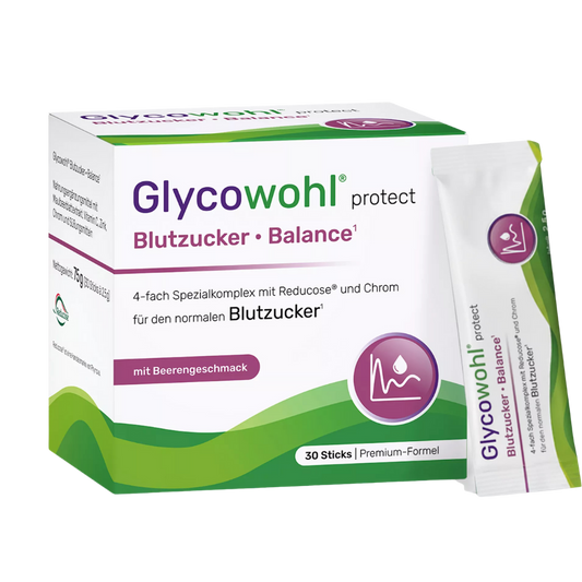 Glycowohl® protect Blutzucker • Balance ist ein veganes Nahrungsergänzungsmittel und enthält den patentierten Markenrohstoff Reducose®, Chrom, Vitamin C & Zink. Glycowohl® protect Blutzucker • Balance ist optimal kombiniert für eine gezielte Unterstützung wichtiger Körperfunktionen. Auch die EFSA bestätigt:

Blutzucker¹: Chrom trägt zur Aufrechterhaltung eines normalen Blutzuckerspiegels bei.
Stoffwechsel²: 
