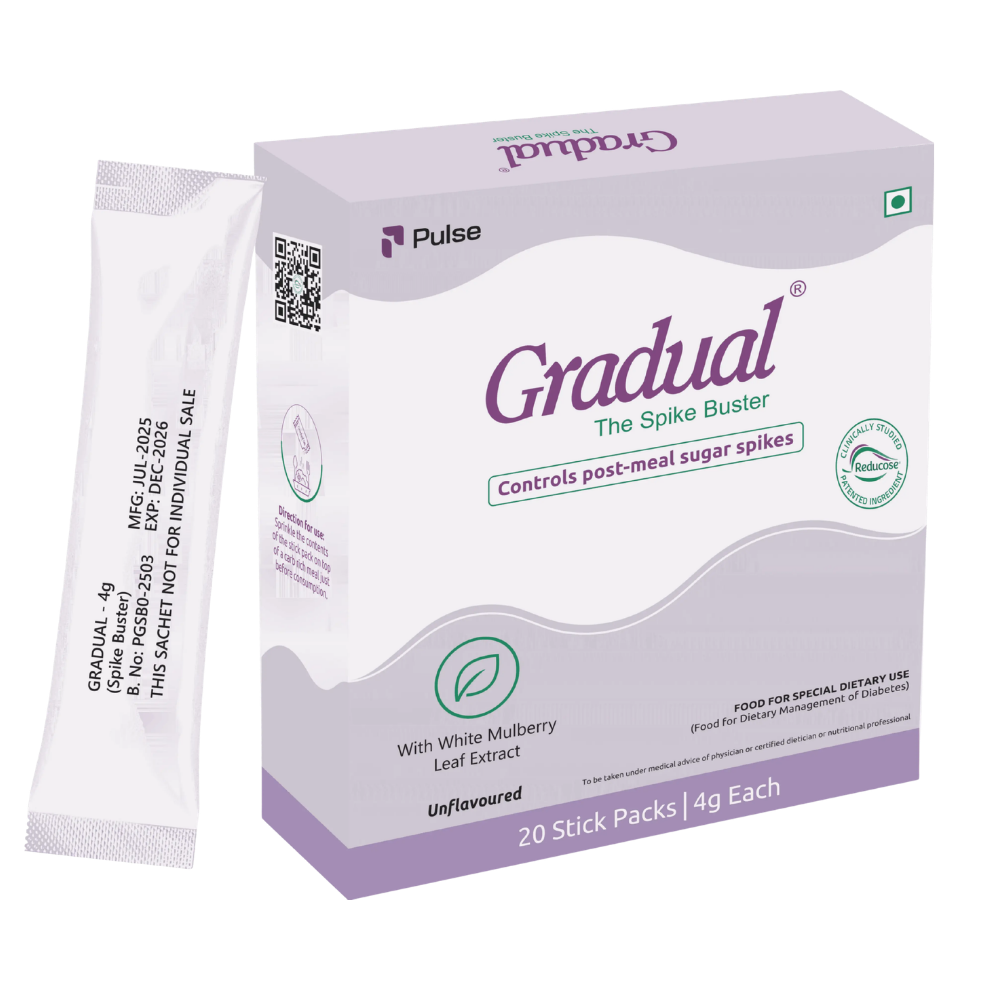 The Science behind Gradual - The Spike Buster
Gradual Spike Buster made with special ingredients along with Reducose which is a patented natural extract that slows down the absorption of carbohydrates, helping to reduce post-meal glucose spikes. Backed by clinical research, Reducose offers a safe and effective way to manage blood sugar levels. How to Use Gradual - The Spike Buster?
✔ Take 1 Sachet of Spike Buster
✔ Add the Sachet to your timely meal
✔ Mix it well and consume the meal