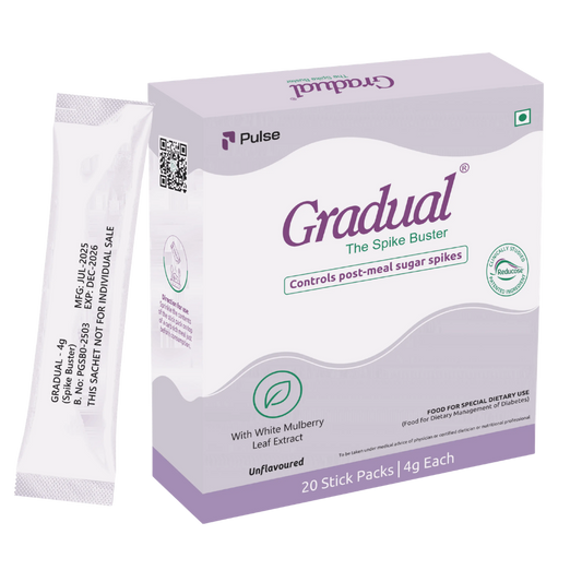 The Science behind Gradual - The Spike Buster
Gradual Spike Buster made with special ingredients along with Reducose which is a patented natural extract that slows down the absorption of carbohydrates, helping to reduce post-meal glucose spikes. Backed by clinical research, Reducose offers a safe and effective way to manage blood sugar levels. How to Use Gradual - The Spike Buster?
✔ Take 1 Sachet of Spike Buster
✔ Add the Sachet to your timely meal
✔ Mix it well and consume the meal