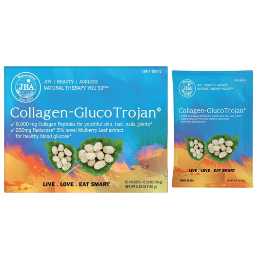 JBA - Collagen GlucoTrojan

POSITIONNING
Weight & Body Composition

KEY CLAIMS
collagen peptides support youthful skin, hair, nails and joints
Reducose reduces post-meal glucose spikes by up to 40%
Trojan22 (mango + banana stem) blocks starch absorption and supports satiety

COMPOSITION per serving
Reducose® (white mulberry leaf extract, 5% DNJ) 250 mg, Marine collagen peptides 8000 mg, Trojan22® blend (fermented mango leaf + banana stem juice + mint) 1000 mg

FORMAT & NUMBER OF SERVINGS PER PRODUCT
15 Stic