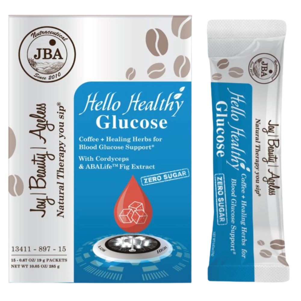 JBA - Hello Healthy Glucose Instant Coffee

POSITIONNING
Blood Sugar & Insulin

KEY CLAIMS
GlucoTrojan blend (Reducose + mango + banana stem) blocks starch-digesting enzymes
Cordyceps and ABALife fig extract help maintain normal blood sugar
Coffee provides energy while supporting balanced blood sugar to avoid crashes

COMPOSITION per serving
Instant coffee, Trojan22® 1000 mg (Reducose® white mulberry leaf extract 250 mg, Mangifera indica leaf extract, Banana stem juice extract), Cordyceps, ABALife® fig extr