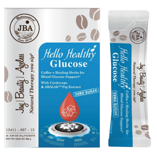 JBA - Hello Healthy Glucose Instant Coffee

POSITIONNING
Blood Sugar & Insulin

KEY CLAIMS
GlucoTrojan blend (Reducose + mango + banana stem) blocks starch-digesting enzymes
Cordyceps and ABALife fig extract help maintain normal blood sugar
Coffee provides energy while supporting balanced blood sugar to avoid crashes

COMPOSITION per serving
Instant coffee, Trojan22® 1000 mg (Reducose® white mulberry leaf extract 250 mg, Mangifera indica leaf extract, Banana stem juice extract), Cordyceps, ABALife® fig extr