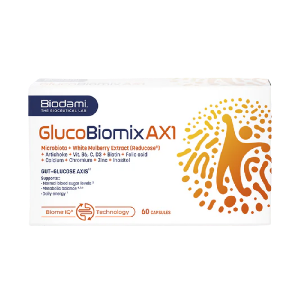 Less cravings. More energy.
Cravings, post-meal fatigue, stubborn weight - these signals often share one common origin : blood glucose fluctuations. GlucoBiomix AX1 acts at the source, in the gut. 

Supports a more gradual glucose response after meals · Reducose® 250 mg
Supports gut microbiome balance · 4 probiotic strains + inulin
Chromium contributes to the maintenance of normal blood glucose levels*

The rise in blood sugar after meals is more moderate.
→ Fewer “spikes,” fewer sudden crashes afterward.