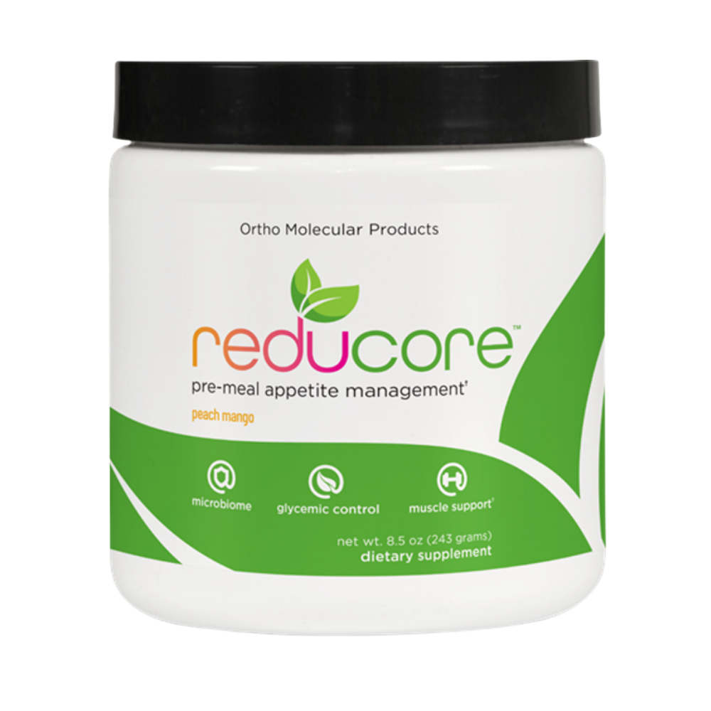 Ortho Molecular Products - Reducore

POSITIONNING
Blood Sugar & Insulin

KEY CLAIMS
Reducose inhibits alpha-glucosidase to moderate post-meal glucose and insulin
Solnul resistant starch promotes GLP-1 and microbial diversity
Amino L40 supports lean muscle; magnesium supports insulin sensitivity

COMPOSITION per serving
Reducose® (white mulberry leaf extract), Solnul® resistant potato starch, Amino L40® (L-leucine amino acids), Magnesium glycerophosphate, Prickly pear (Opuntia) extract

FORMAT & NUMBER OF SE