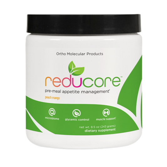 Ortho Molecular Products - Reducore

POSITIONNING
Blood Sugar & Insulin

KEY CLAIMS
Reducose inhibits alpha-glucosidase to moderate post-meal glucose and insulin
Solnul resistant starch promotes GLP-1 and microbial diversity
Amino L40 supports lean muscle; magnesium supports insulin sensitivity

COMPOSITION per serving
Reducose® (white mulberry leaf extract), Solnul® resistant potato starch, Amino L40® (L-leucine amino acids), Magnesium glycerophosphate, Prickly pear (Opuntia) extract

FORMAT & NUMBER OF SE