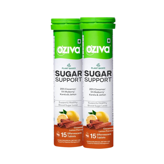 OZiva Sugar Support is a science-backed blood sugar supplement with Reducose® and Ayurvedic herbs like Cinnamon, Gymnema, Karela, Jamun & Moringa. It helps reduce blood sugar spikes, improve insulin sensitivity, and support metabolic health—ideal for people looking to manage blood sugar levels.