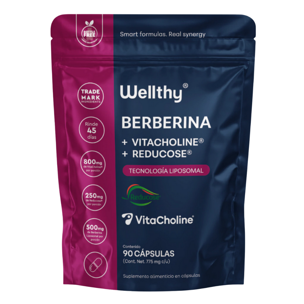 Suplemento alimenticio en cápsulas con tecnología liposomal que combina berberina, VitaCholine® (colina) y Reducose® (extracto de hoja de mora blanca). Cada porción aporta 500 mg de berberina liposomal, 800 mg de VitaCholine® y 250 mg de Reducose®. Presentación Bottle Free con 90 cápsulas, rinde hasta 45 días. Elaborado con ingredientes de marca registrada y diseñado para una entrega optimizada de nutrientes.