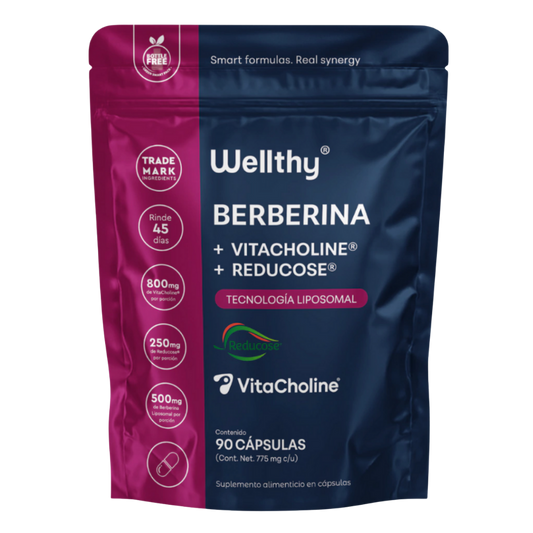 Suplemento alimenticio en cápsulas con tecnología liposomal que combina berberina, VitaCholine® (colina) y Reducose® (extracto de hoja de mora blanca). Cada porción aporta 500 mg de berberina liposomal, 800 mg de VitaCholine® y 250 mg de Reducose®. Presentación Bottle Free con 90 cápsulas, rinde hasta 45 días. Elaborado con ingredientes de marca registrada y diseñado para una entrega optimizada de nutrientes.